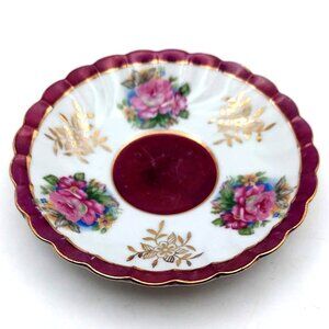 Vintage Japan Porcelain Trinket Dish Floral Roses Gold Trim Scalloped Edge